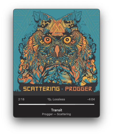 An intricately designed owl with vibrant colors and complex patterns is featured on a music cover for the song Transit by Progger.