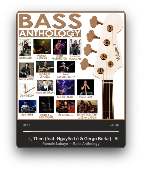 A music album cover titled Bass Anthology Volume 1 featuring a bass guitar headstock and names of various artists.