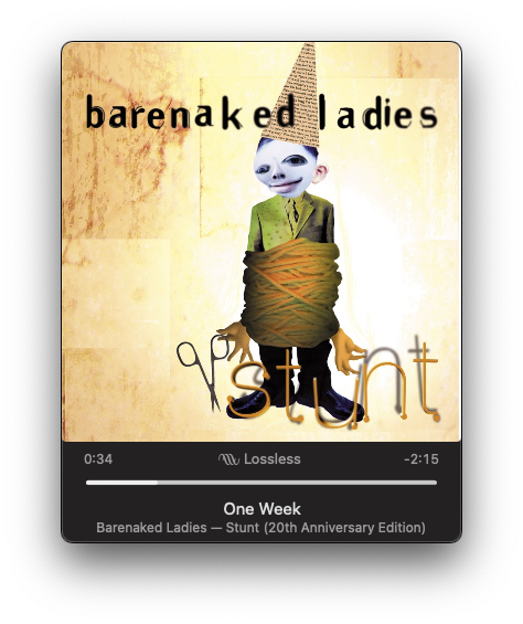 A character with a pointy hat, wrapped in cloth, is featured on the cover of Barenaked Ladies' album Stunt, as shown on a media player interface displaying the song One Week.