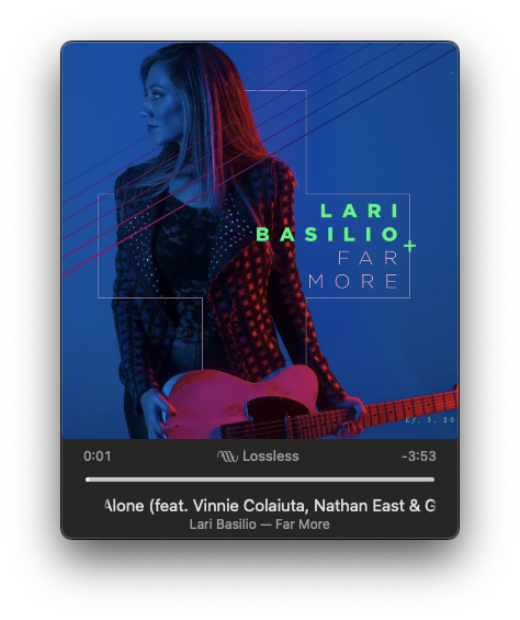 A music player interface displays the album cover for Far More by Lari Basilio, featuring the song Alone with guest artists.