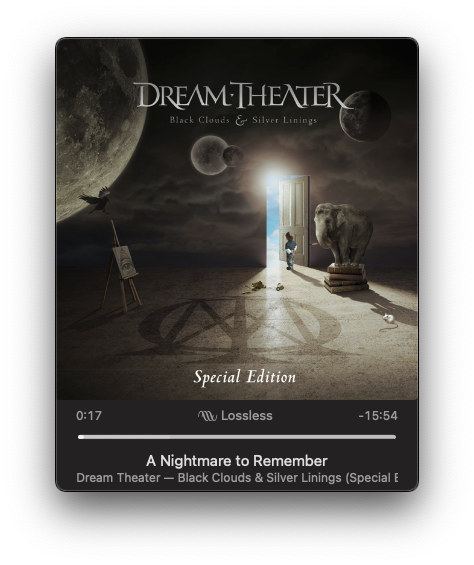 A surreal scene features an astronaut and an elephant with a brick wall on a planet-like surface, accompanied by the album cover art and track information for Dream Theater's A Nightmare to Remember.