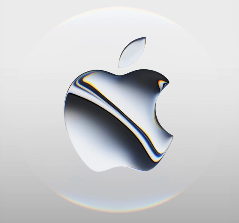 Auto-generated description: A metallic Apple logo with reflective, swirling colors and a soft gradient background.