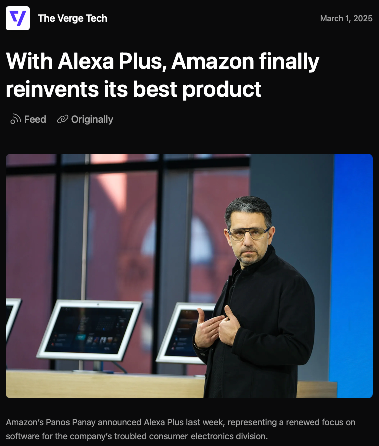 Panos Panay looks at the camera while presenting Amazon's new Alexa Plus product, with several devices displayed in the background.