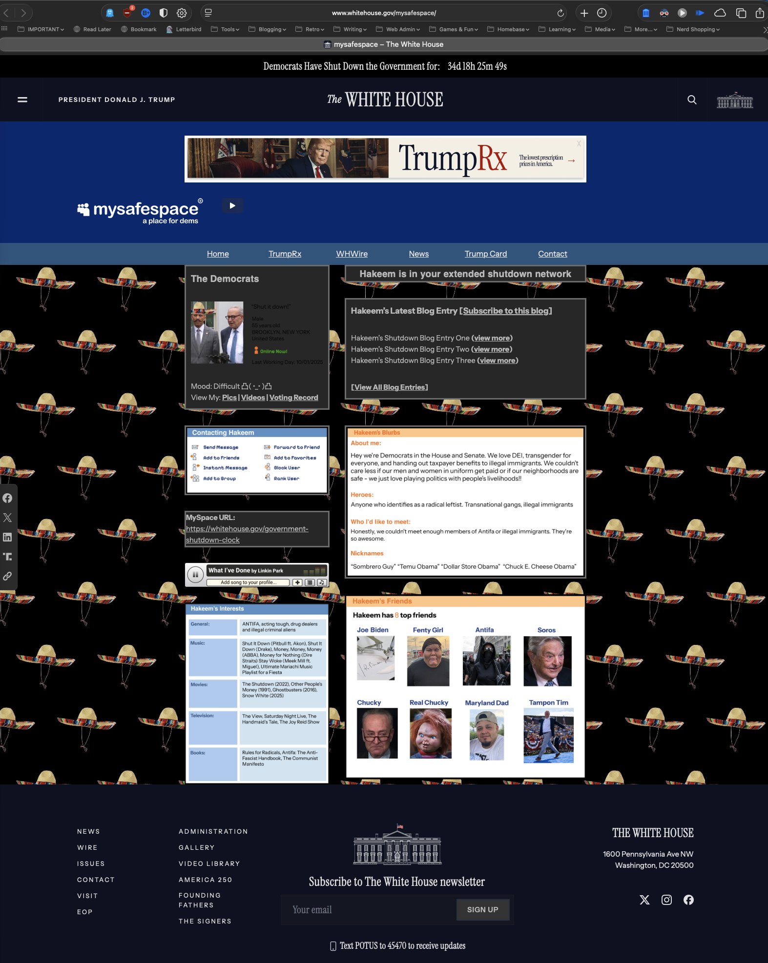 A parody of MySpace called mysafespace, a place for dems, showing what is supposed to be Hakeem Jeffries' profile regarding the government shutdown. The background is a repeating pattern of sombrero. The overall tone is mocking and juvenile. At the top is a banner ad for TrumpRX and there is a link to information on getting a Trump Card in the navigation. A tracker at the top claims that Democrats have shut down the government for 34+ days. 