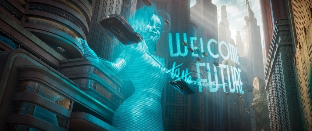 A futuristic cityscape features towering buildings, flying cars, and a large hologram of a woman with the words WELCOME to the FUTURE.