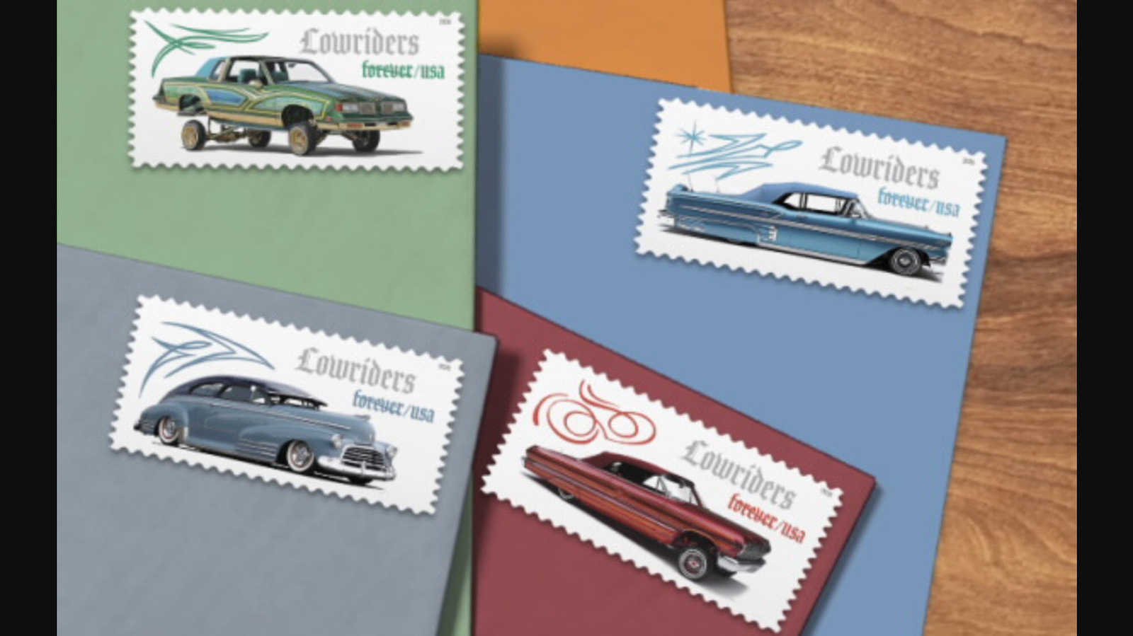 Four colorful envelopes are adorned with stamps featuring illustrations of lowrider cars and decorative designs.