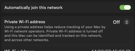 A settings screen shows a Wi-Fi network with options to automatically join and an option to use a private Wi-Fi address, which is currently turned off.