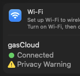 A Wi-Fi network named gasCloud is connected, showing a privacy warning notification.