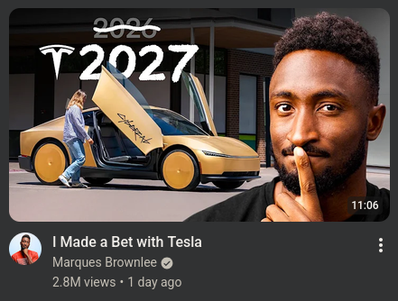The thumbnail from a Marques Brownlee video about a bet he made with Tesla regarding the availability of the CyberCab