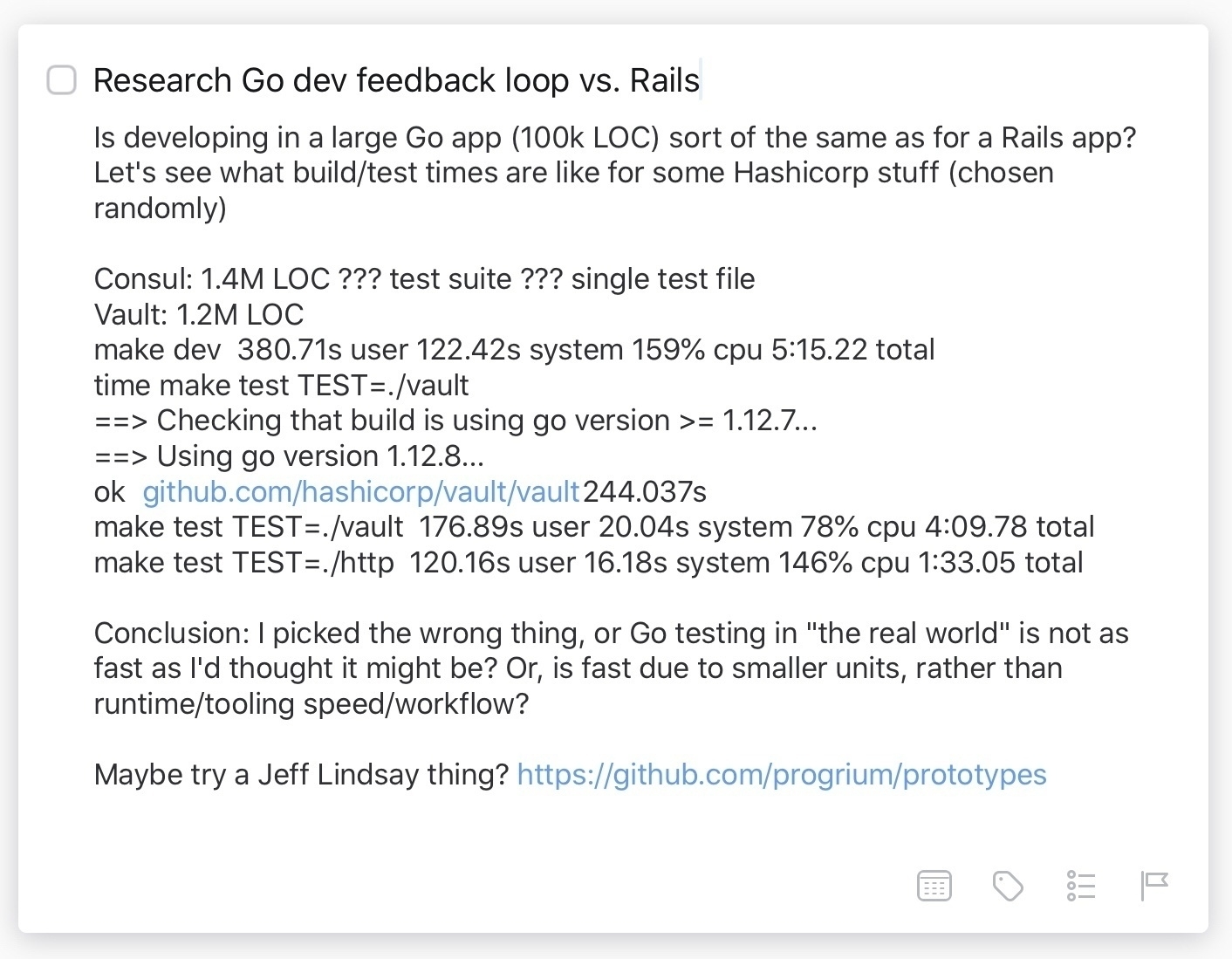 A task in Things with a note describing programming research