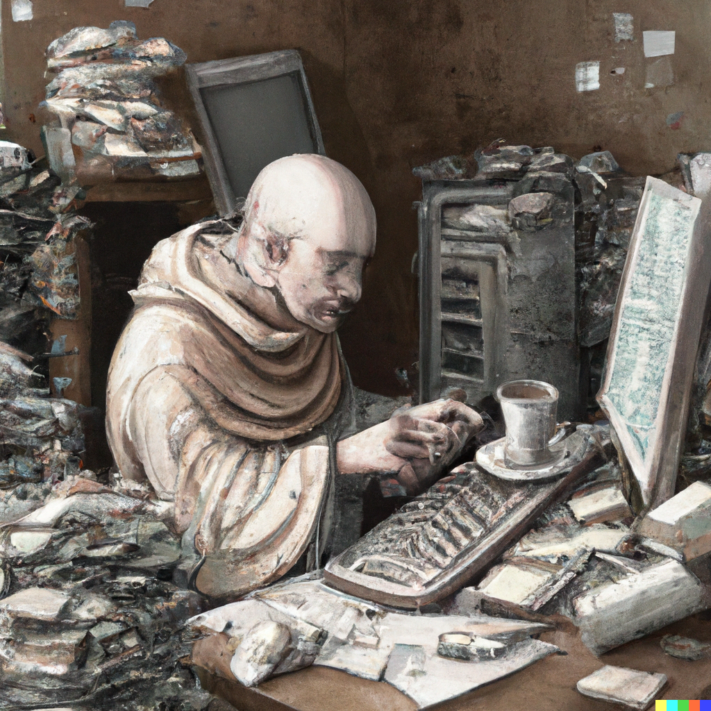 “A baroque painting of a monk programming an old computer surrounded by stacks of paper, broken punch cards, and many discarded cups of coffee” via DALL-E