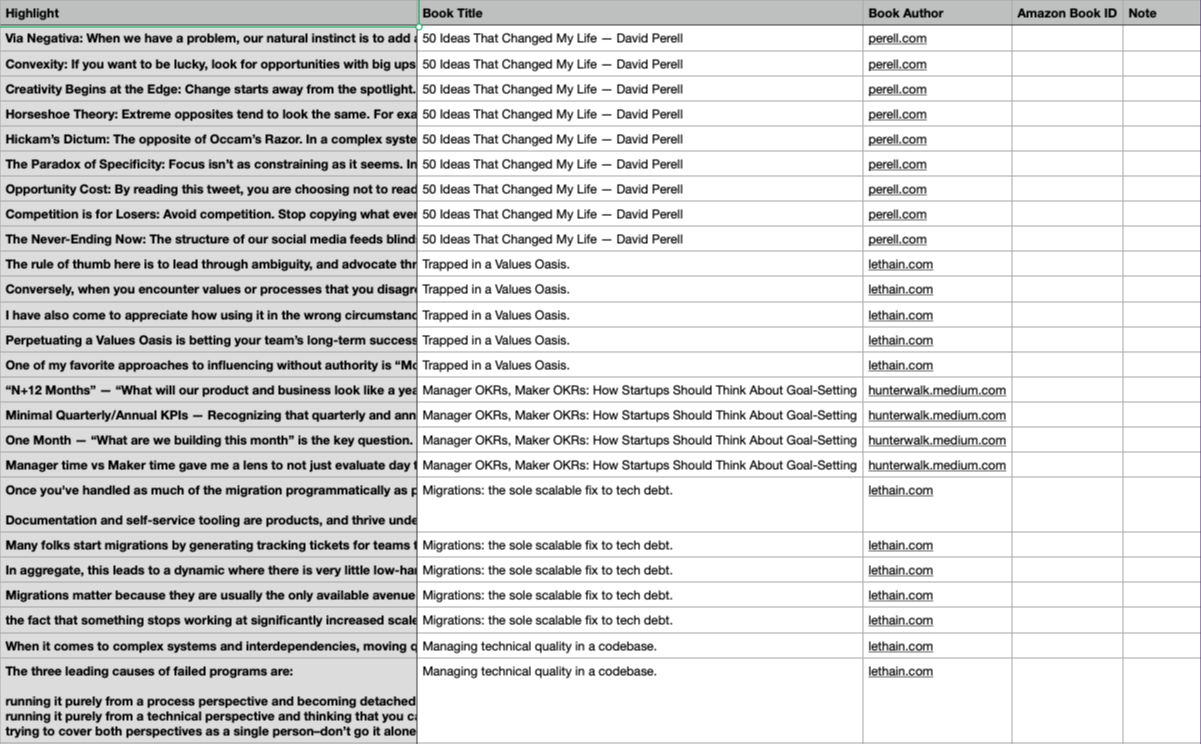 Readwise highlights in a Numbers spreadsheet