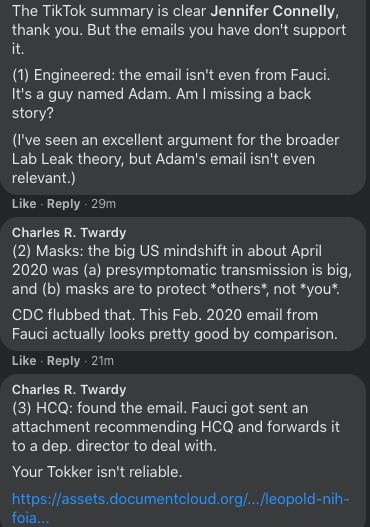 Screenshot of replies to cousin re:Fauci emails.