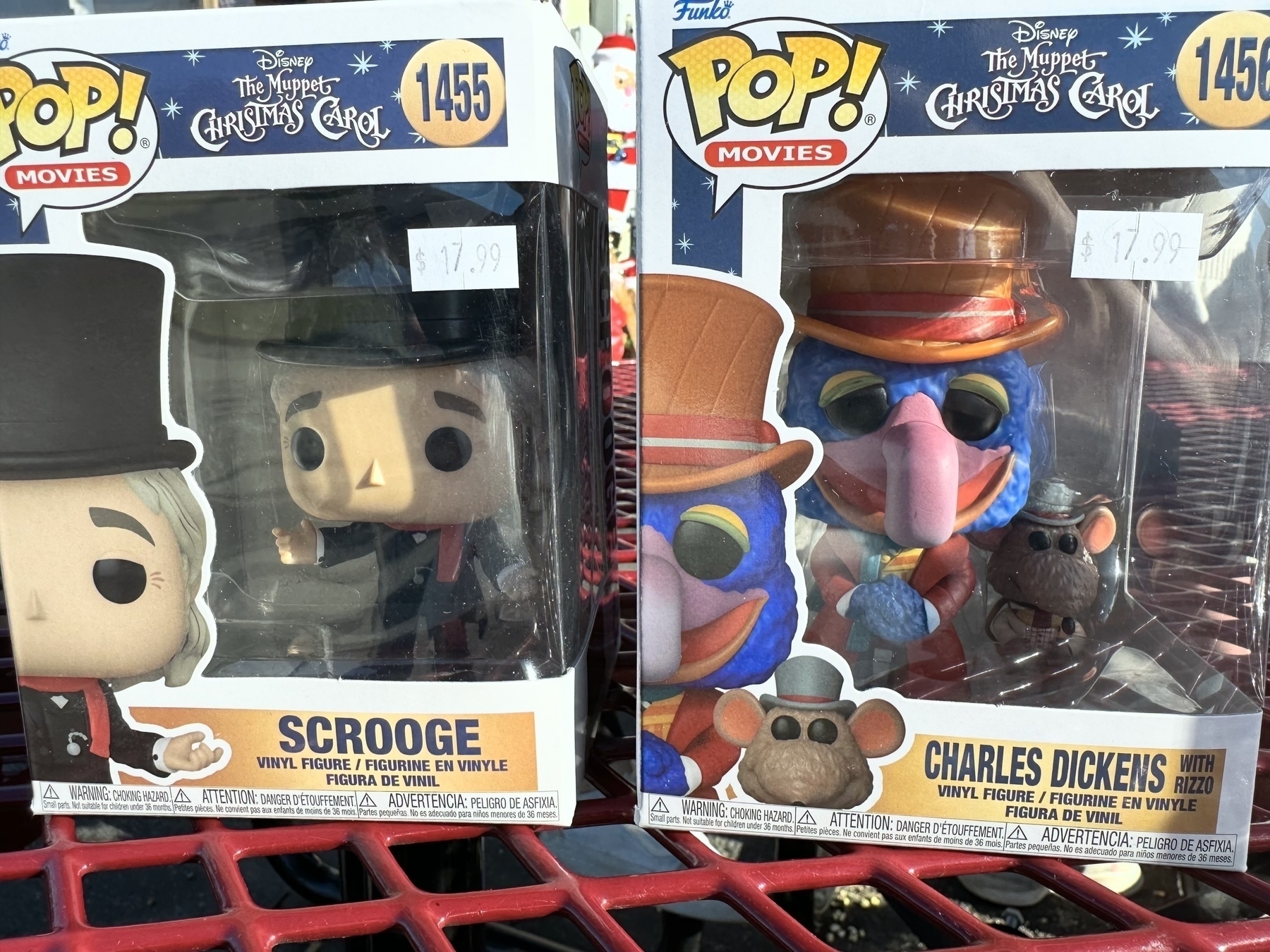 Two Muppet Christmas Carol Funko Pop in boxes, Scrooge and Charles Dickens+Rizzo