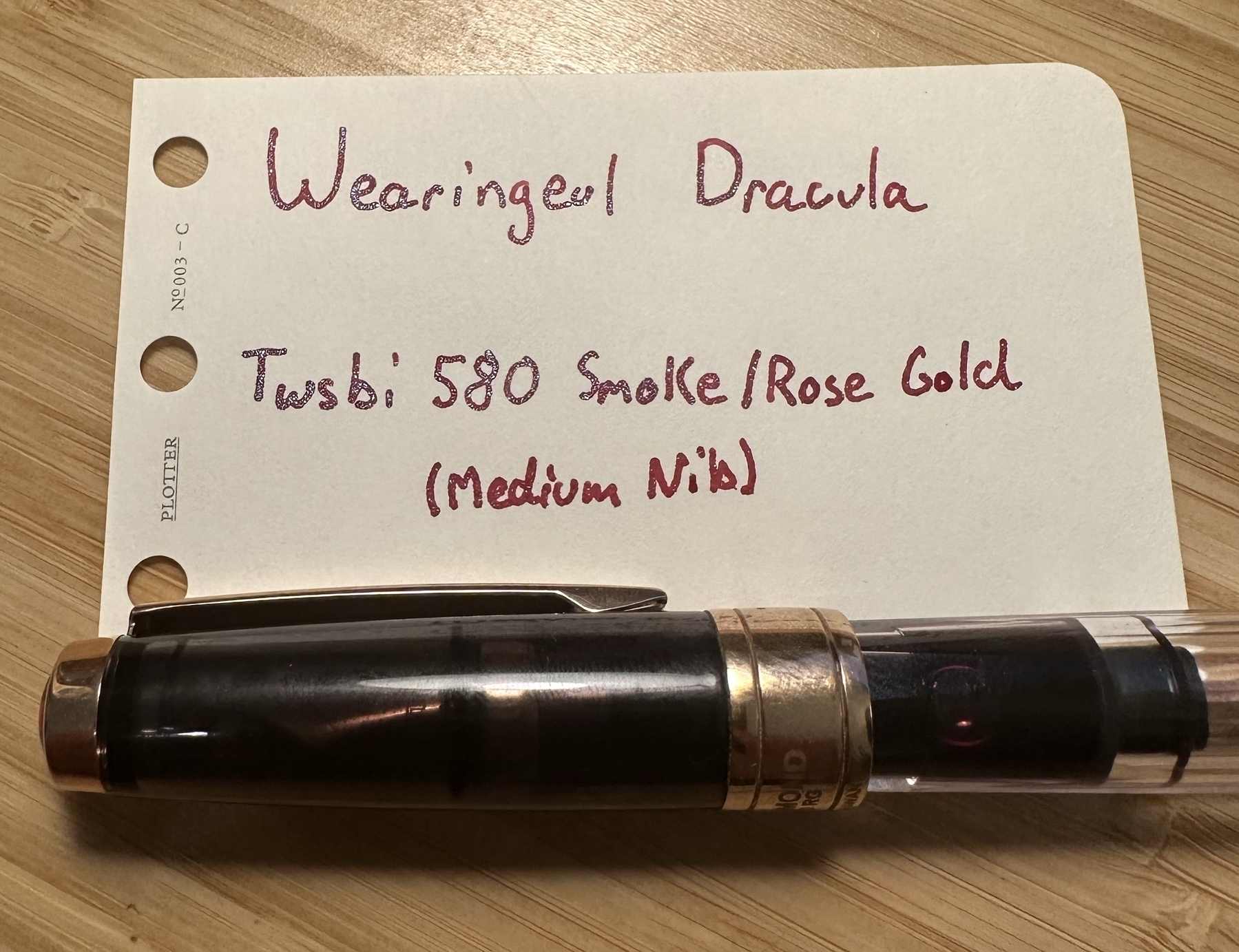 Writing Sample: Wearingeul Dracula, Twsbi Smoke/Rose Gold M Nib