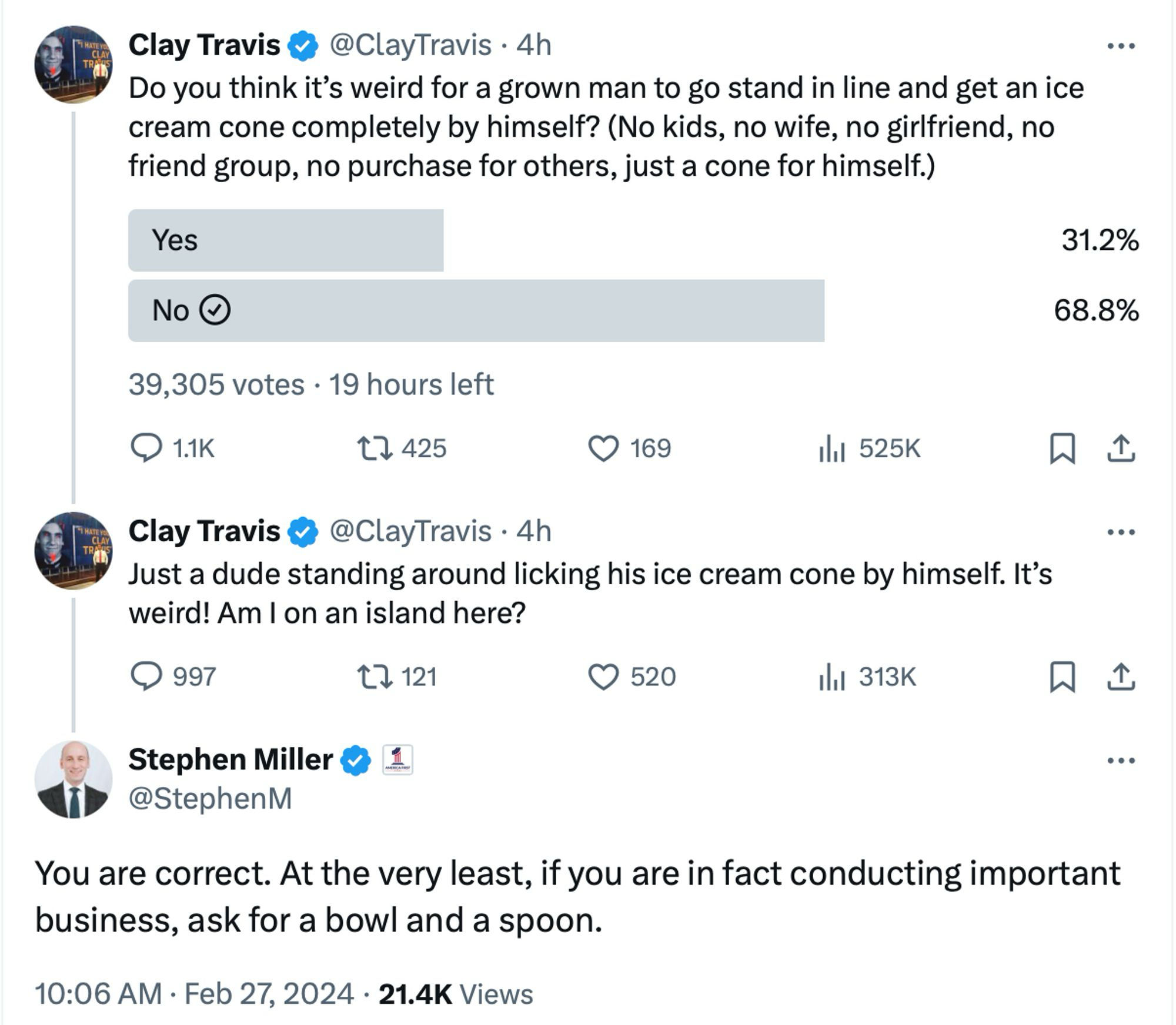 A screenshot of tweets discussing if it&rsquo;s odd for a man to eat an ice cream cone alone, showing poll results and people&rsquo;s opinions.