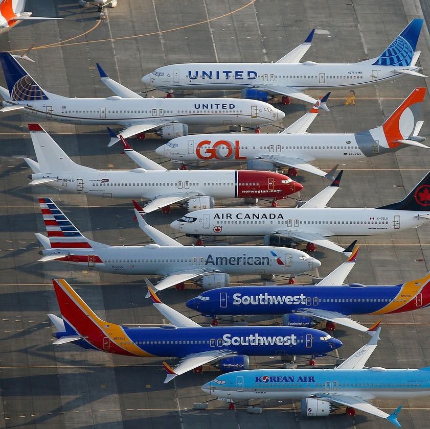 Boeing 737 MAX aircraft lined up.