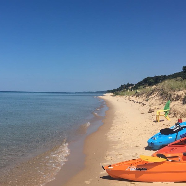 Kayaks on the shore of Lake Michigan