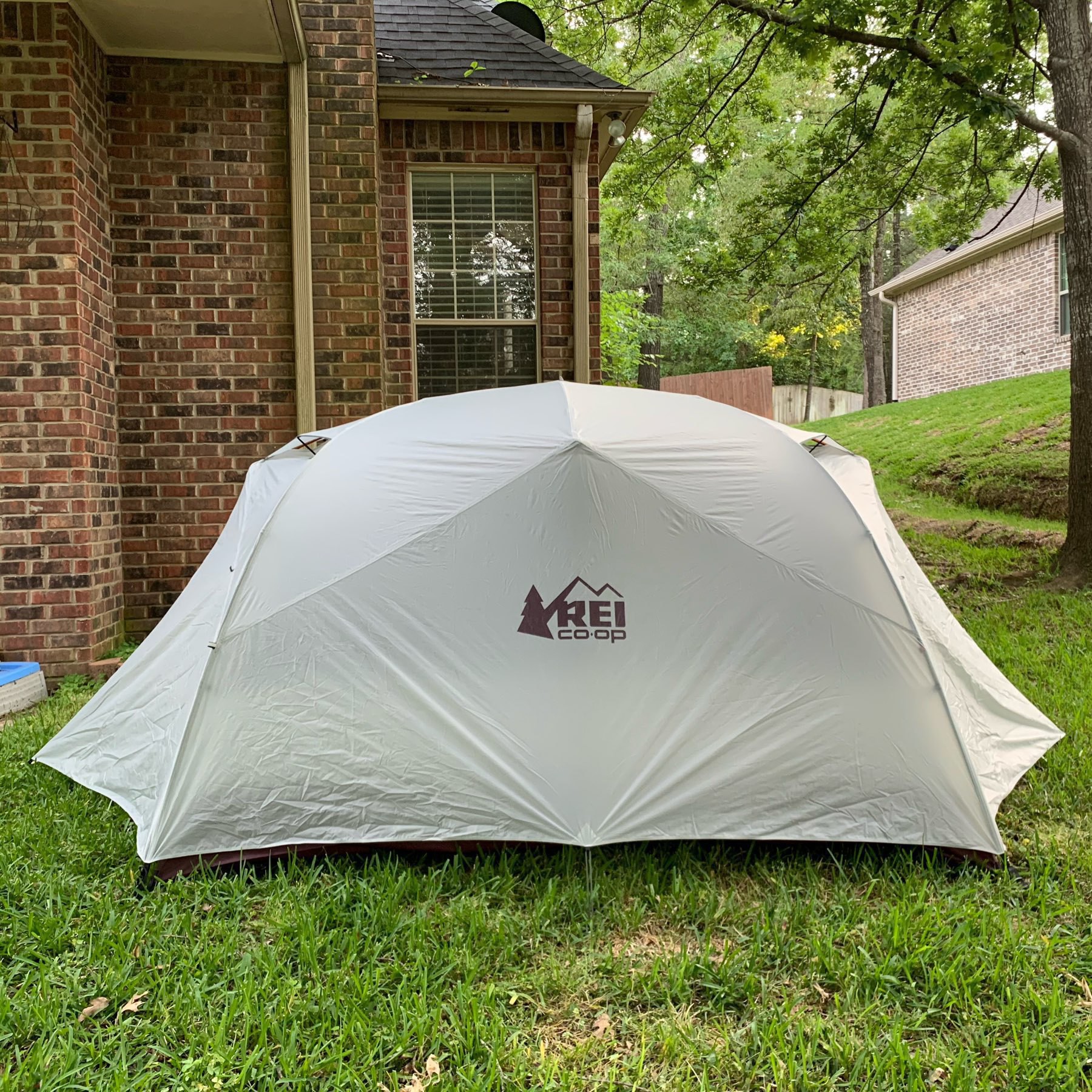 Tent pitched in the backyard