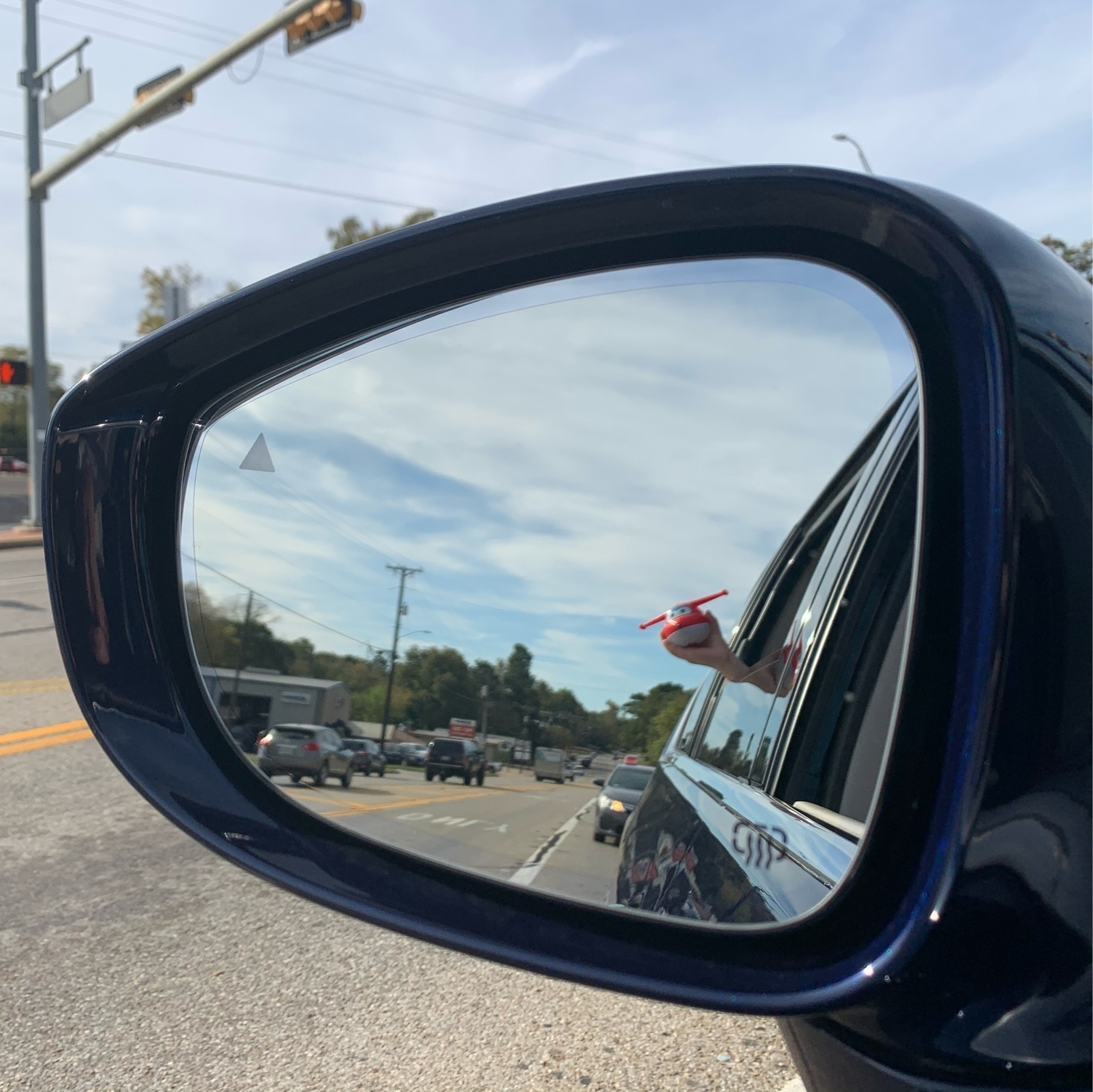 Toy out window in rearview mirror