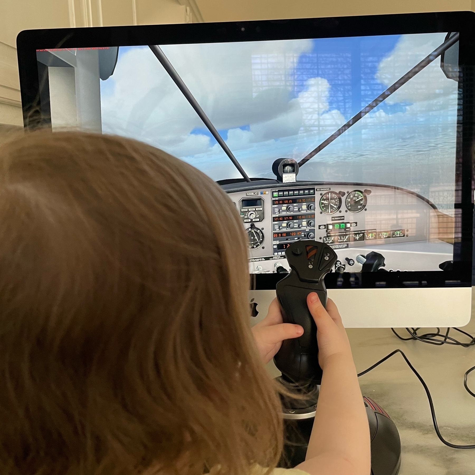 Girl plays Flight Simulator