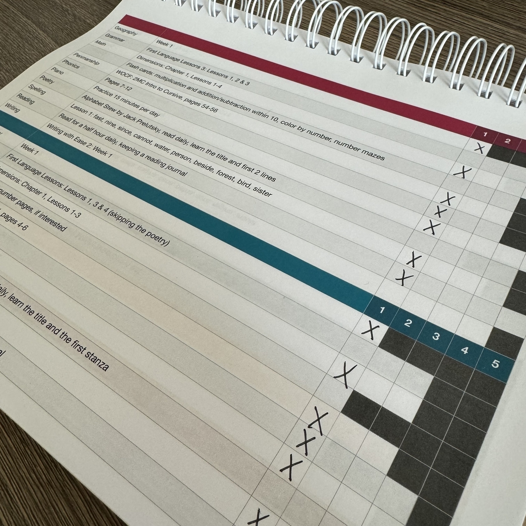 Lesson planner with checked boxes