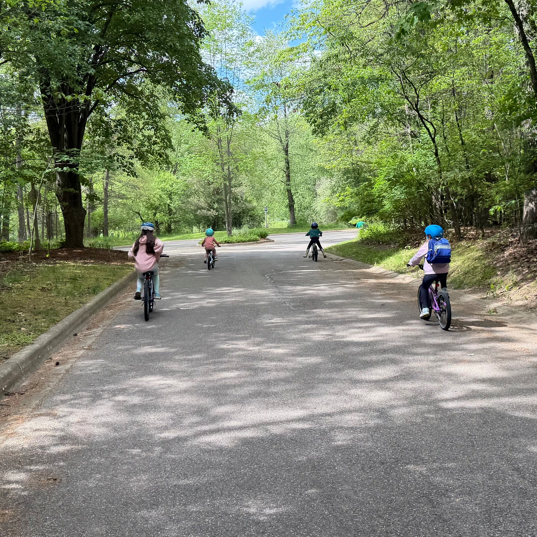 Kids riding bikes through leafy neighborhood 