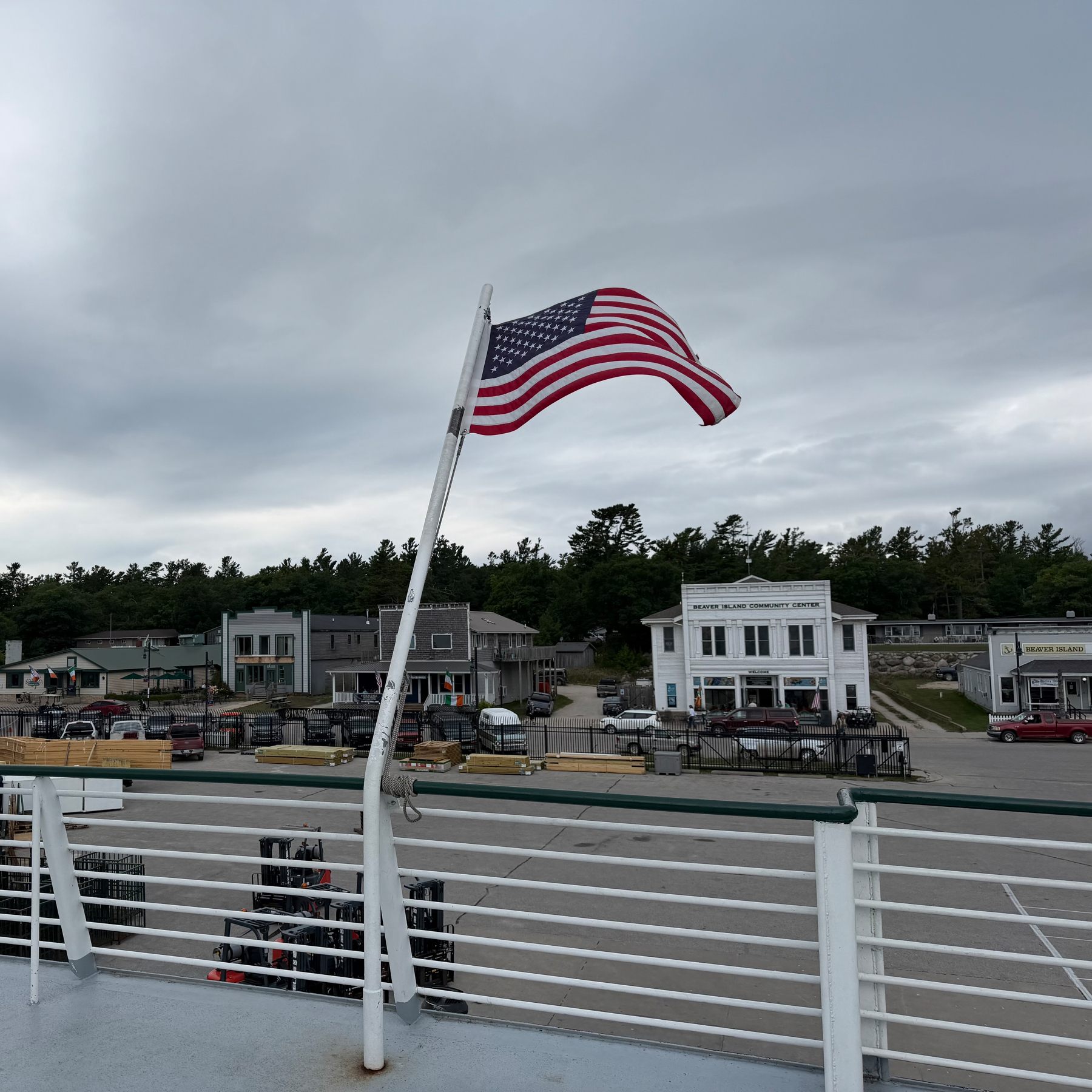 Stern of M/V Emerald Island during loading at Beaver Island.