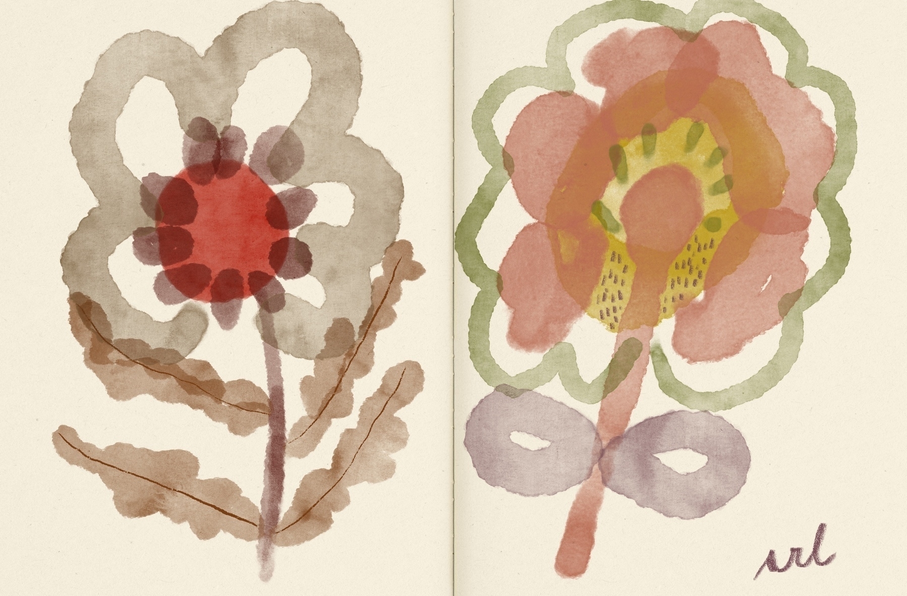 Two stylized flowers are painted in watercolor with abstract, overlapping shapes and muted colors.