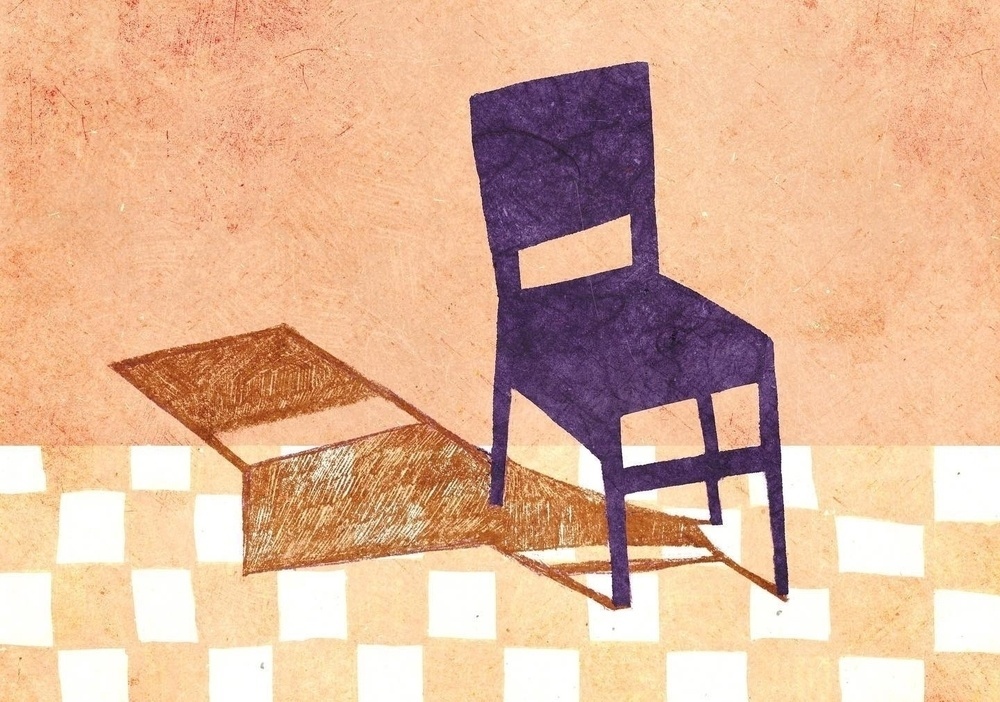 A blue chair casts a shadow on a checkered floor against a textured backdrop.