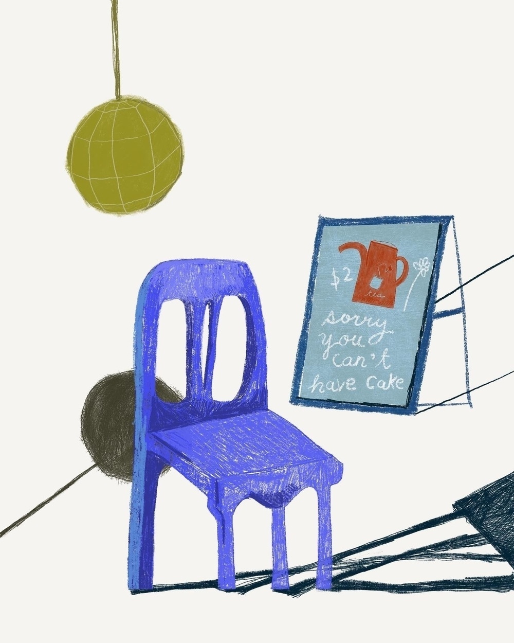 A blue chair is placed next to a framed sign with the text sorry you can't have cake and a watering can illustration, against a backdrop with a hanging spherical object.