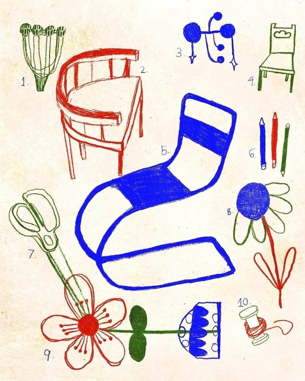 A collection of colorful, hand-drawn furniture and household items, including chairs, scissors, a lamp, and flowers, labeled with numbers.