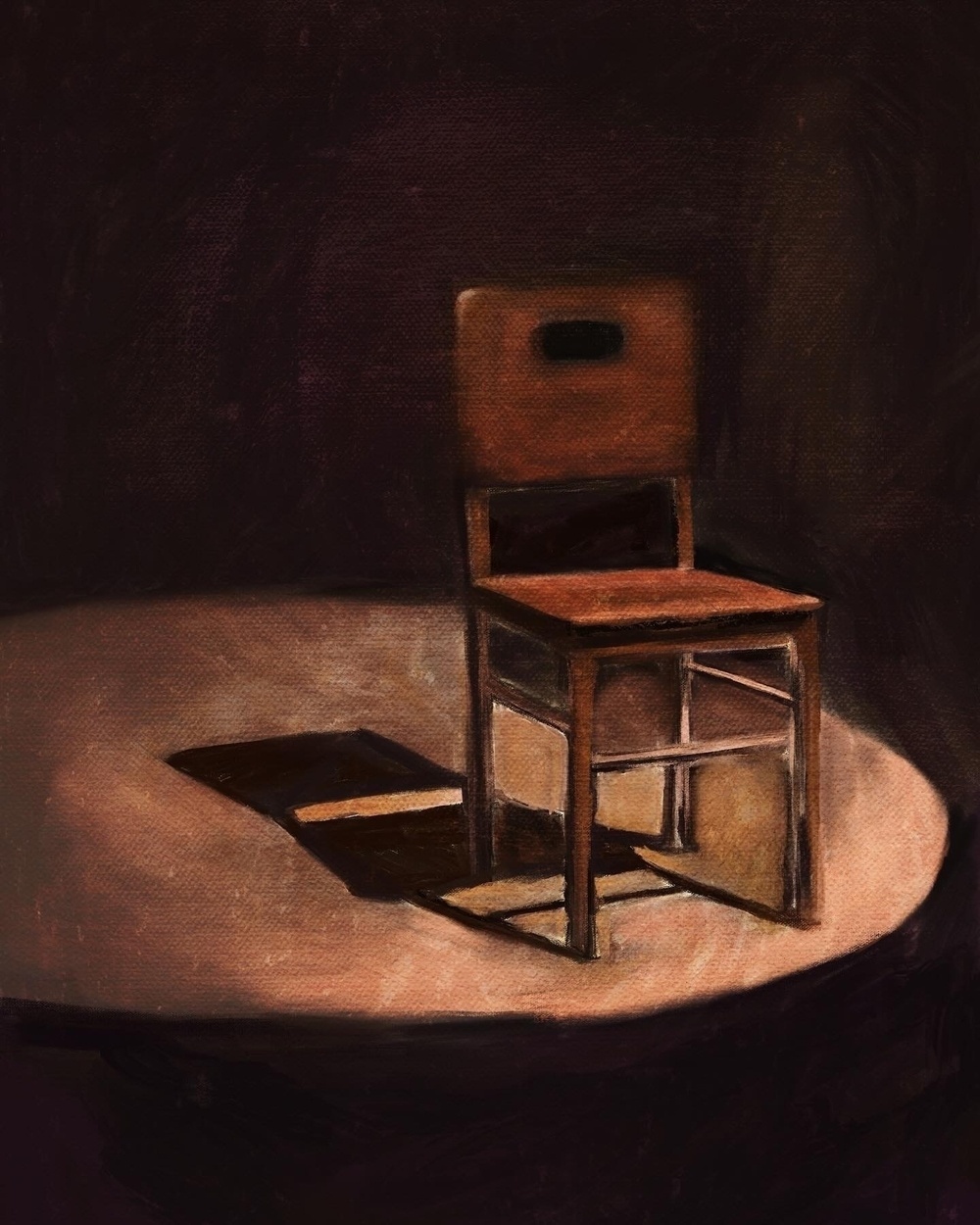 A solitary wooden chair is bathed in a spotlight, casting a shadow on a dark background.