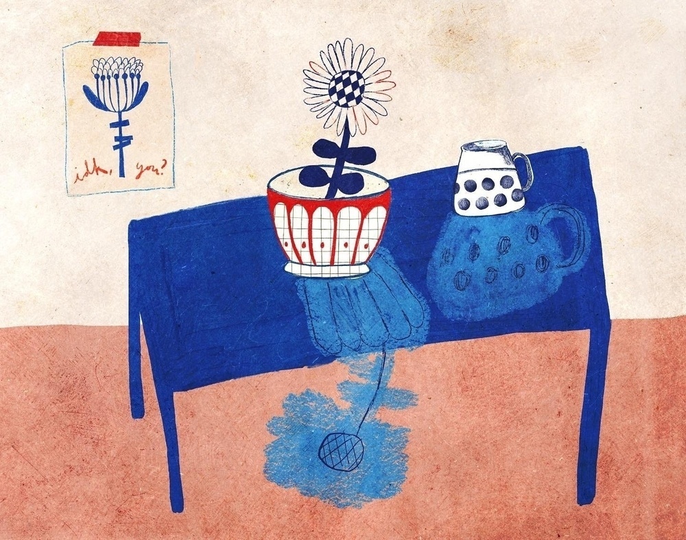 A whimsical illustration features a blue table with a patterned flower in a pot, a polka-dotted pitcher, and a ball of yarn unraveling, accompanied by a wall drawing of a flower labeled who are you?