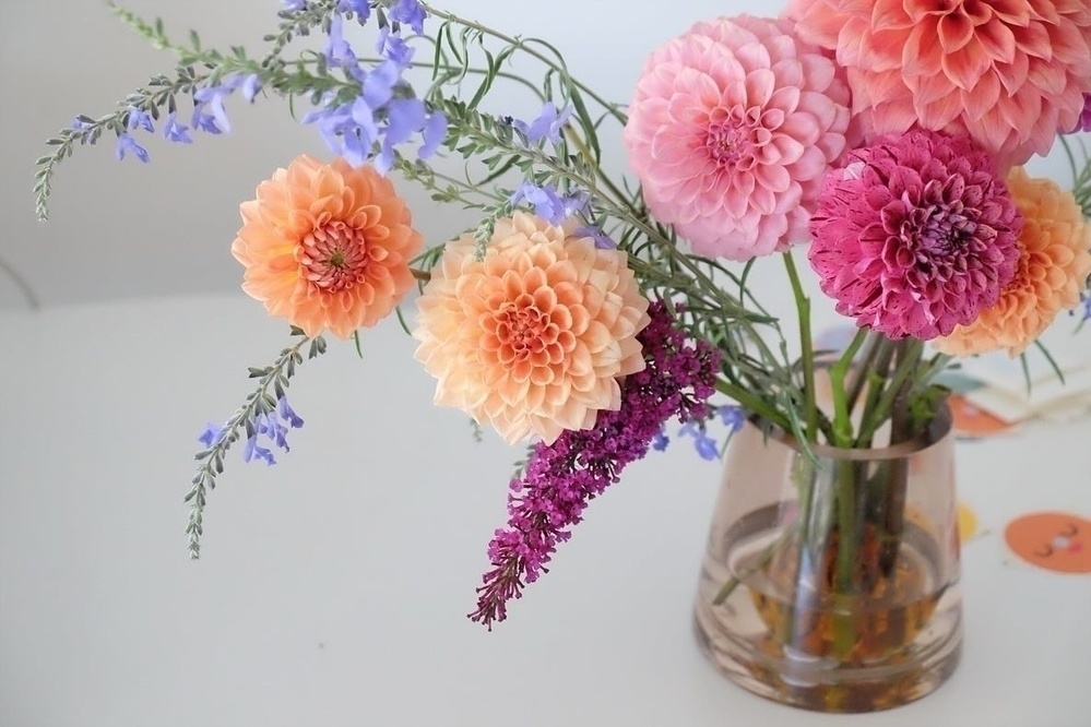 A bouquet of colorful flowers, including dahlias and lavender, is arranged in a transparent vase.