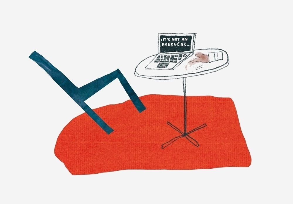 A chair tilts over a red rug toward a table with a laptop displaying the message IT'S NOT AN EMERGENCY.