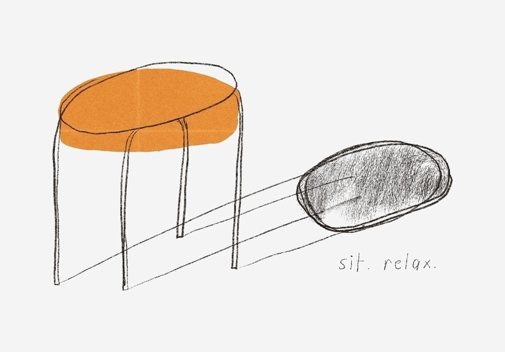 A simple line drawing depicts a stool with an orange seat casting an oval shadow, accompanied by the words sit. relax.