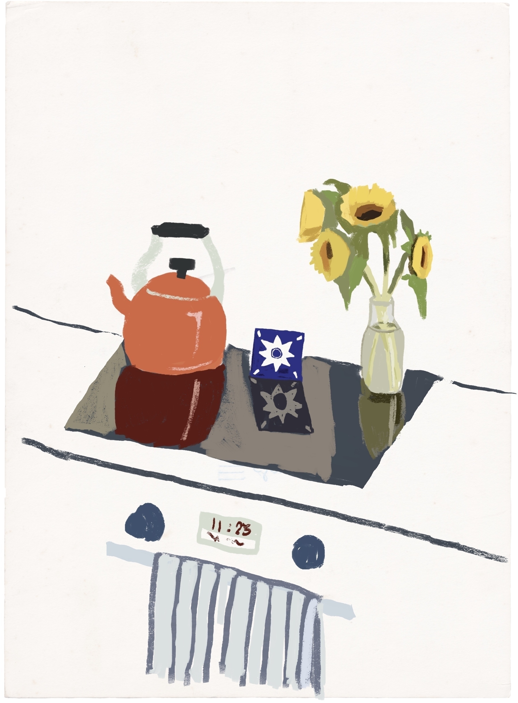 A stylized illustration features a teapot, a vase of sunflowers, and a blue decorative tile on a stove.