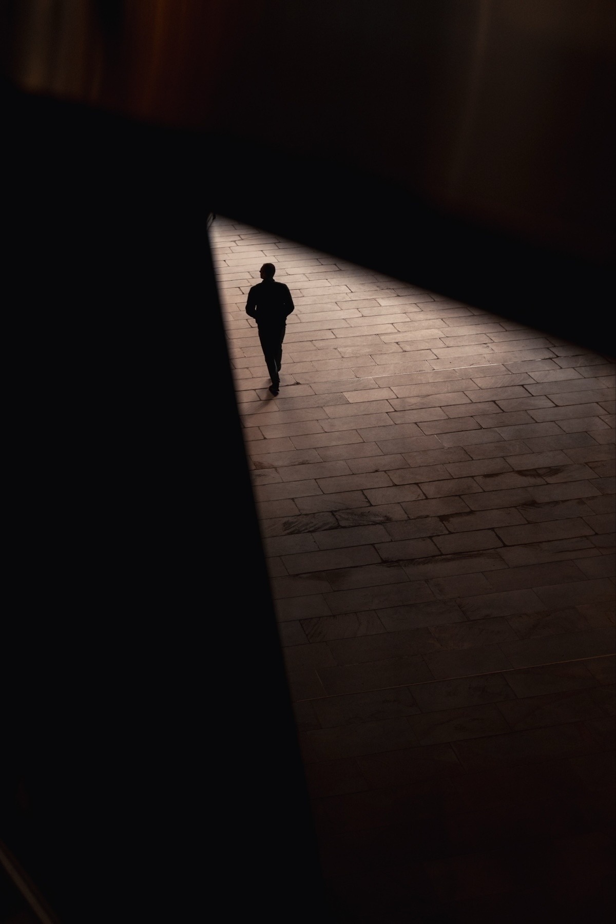 Silhouette of a person walking alone on a tiled floor, framed by a dark, dramatic archway. The lighting creates a stark contrast between the illuminated path and the surrounding shadow.