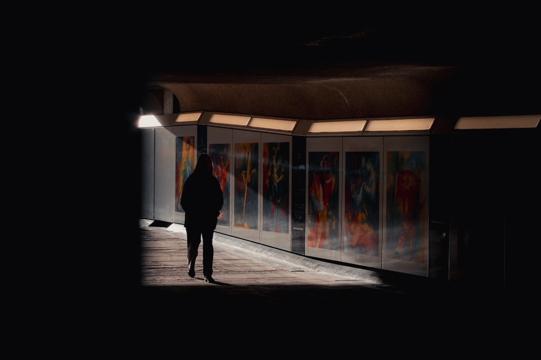 Auto-generated description: A person walks through a dimly lit tunnel with illuminated artwork on the walls.