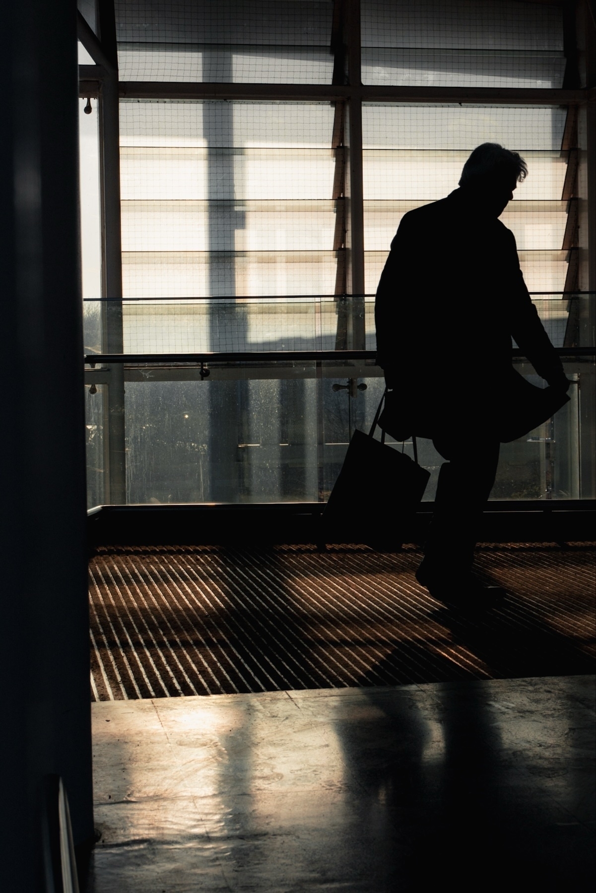 Silhouette of a person carrying a bag, walking through a sunlit corridor with glass and grid-like elements. Shadows cast on the floor add depth to the scene.