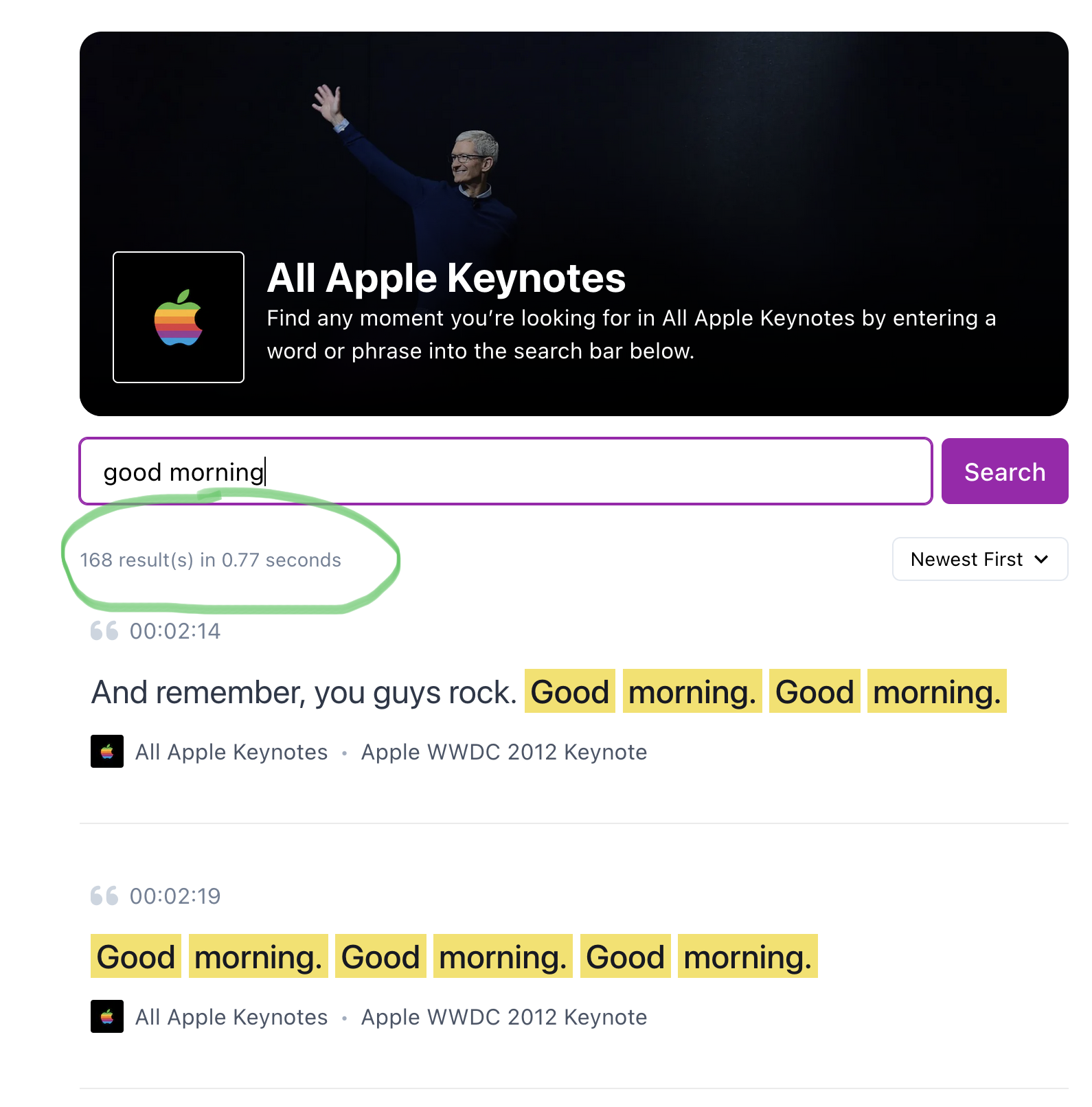 Screenshot of a website that searches Apple keynotes, including a search for “good morning” and the results; of which there are 168 results, which I have highlighted with a green circle.