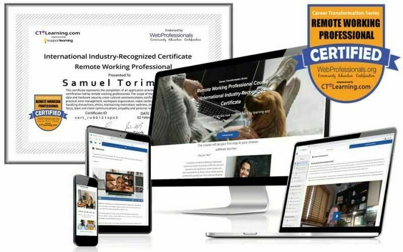 Web Professionals remote working course and certification screen captures and sample certificate