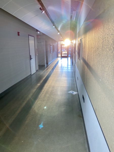 Sunlight streaming through building hallway