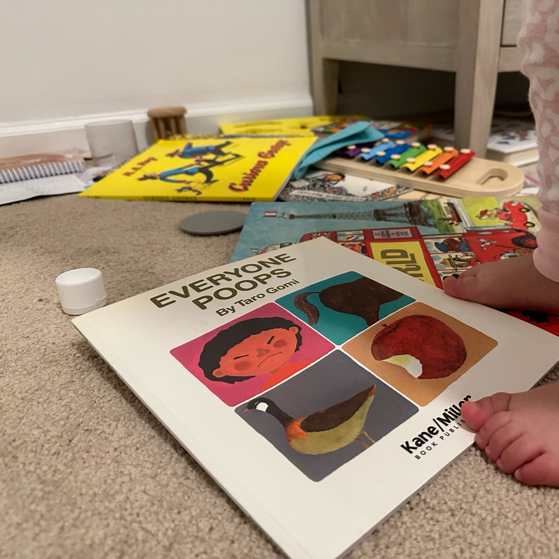 Photo of a stack of books with "Everyone Poops" book on top, with toddler's feet pictured to the right.