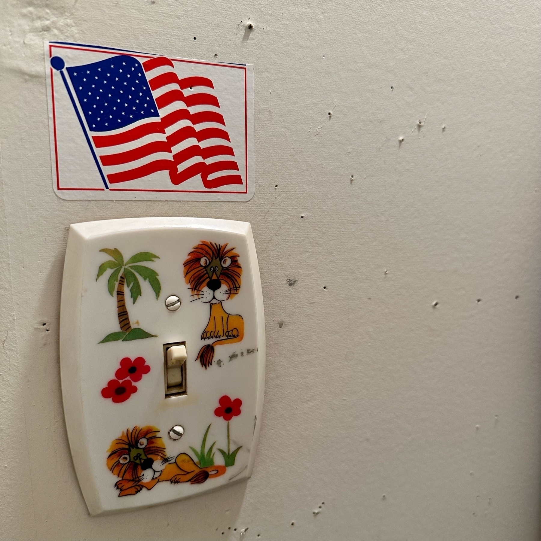 Photograph of a gaudy lightswitch plate with an U.S. flag sticker on the wall above it.