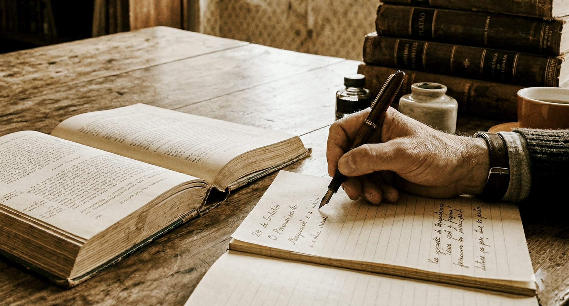 Uma pessoa está escrevendo em um caderno ao lado de um livro aberto sobre uma mesa de madeira.