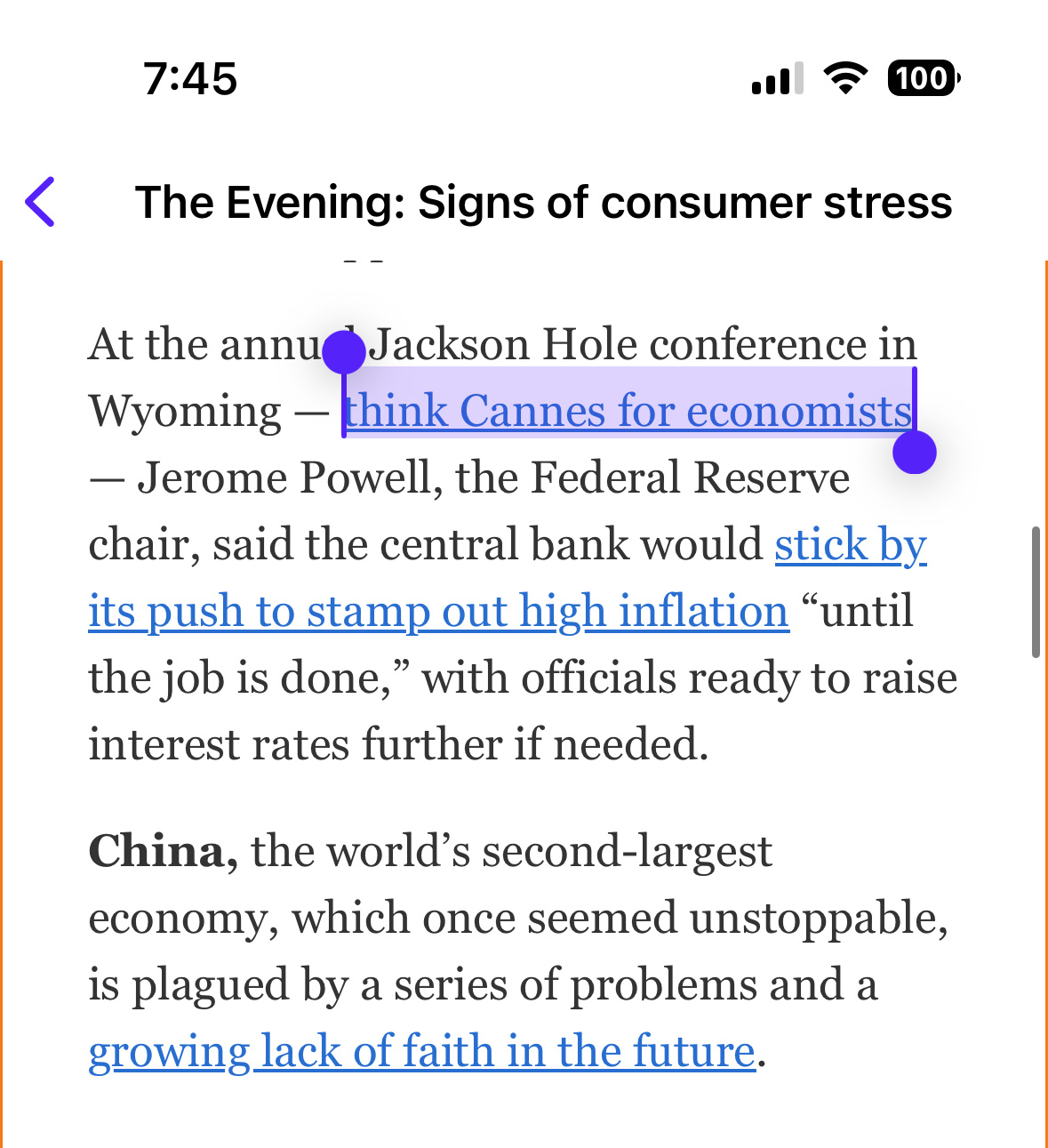 Screenshot from the New York Times evening newsletter with “think Cannes for economist” highlighted