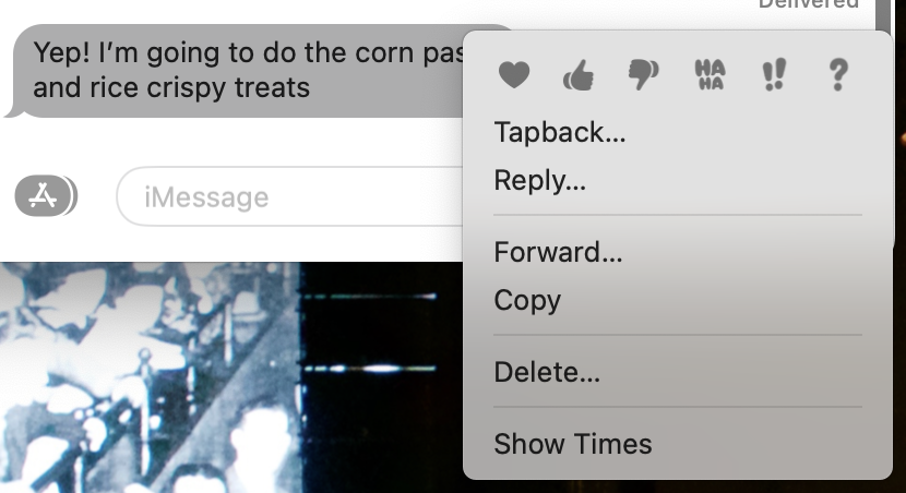 Context Menu in macOS messages showing tapbacks