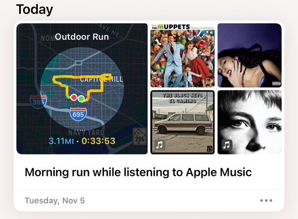 A screenshot of an Apple Journal entry showing a run and four album covers